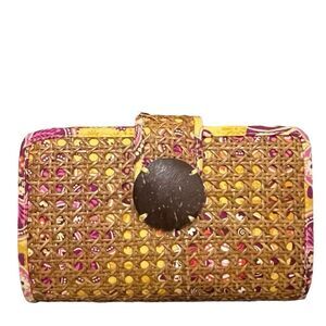 Vera Bradley Tiki Clutch in Bali Gold Pattern Yellow Tan Pink Orange